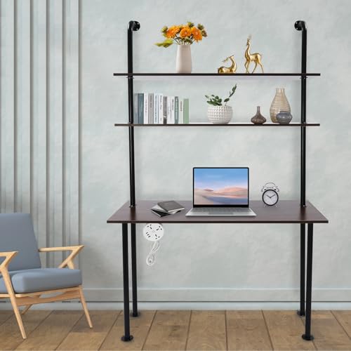 2-Shelf Industrial Wall Mount Ladder，Wall Mount Computer Desk Writing Desk,Industrial Bookcase Desk with Shelves，Floating Desk with Storage, Wall Table for Home Office, Brown (47.2"×20"×79") - color: Black/ Brown (47"w)