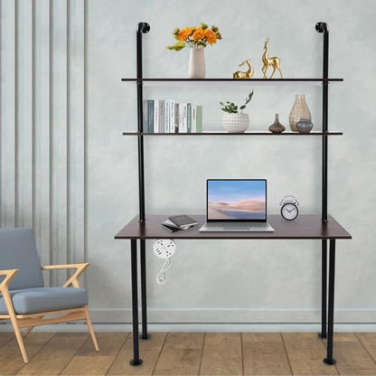 2-Shelf Industrial Wall Mount Ladder，Wall Mount Computer Desk Writing Desk,Industrial Bookcase Desk with Shelves，Floating Desk with Storage, Wall Table for Home Office, Brown (47.2"×20"×79") - color: Black/ Brown (47"w)