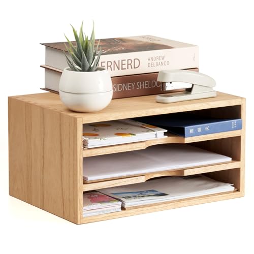 KIRIGEN Wooden Desktop Organizer, 3 Tier Solid Wood Letter Tray and Paper File Sorter for Desk, Freestanding Office Document Holder for Mail, Magazines, Folders, Natural 3KWJG-NA - color: Natural, size: 3 layer-0 drawers