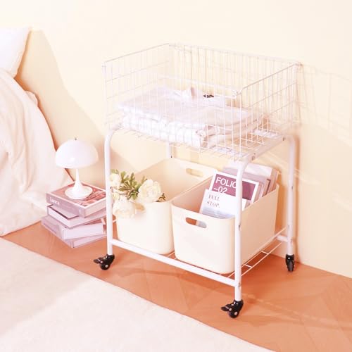 31" tall hennze one layer rolling wire laundry basket,easy moved wire laundry cart for clothes,pants laundry. children toys organization cart,metal cart with metal frame,enlarge the storage (white) - color: white