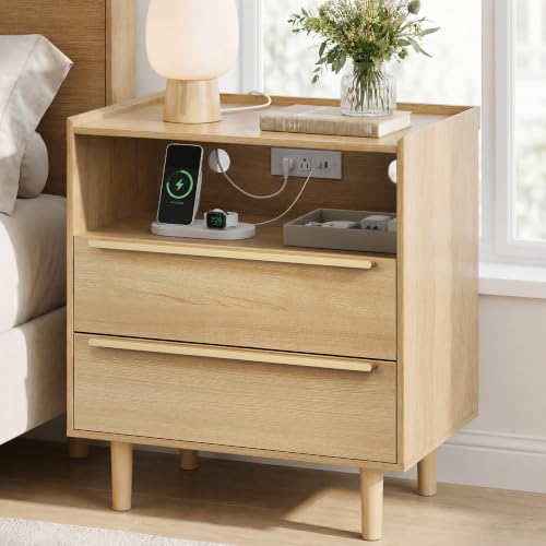 26 Inch Tall Natural Oak Nightstand with Charging Station, 2 Drawers | 24 inch wide, 16 inch deep design with raised-edge tray top, open shelf, hidden storage, and a lighter bedside feel - color: Natural Oak