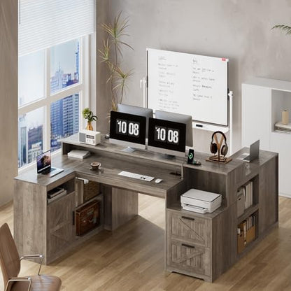 TVU Farmhouse L Shaped Desk with Drawers, 62.2" Home Office Desk with Storage Shelves and Power Outlet, L Shaped Computer Desk with Monitor Stand and Printer Shelf, Gray - color: Grey