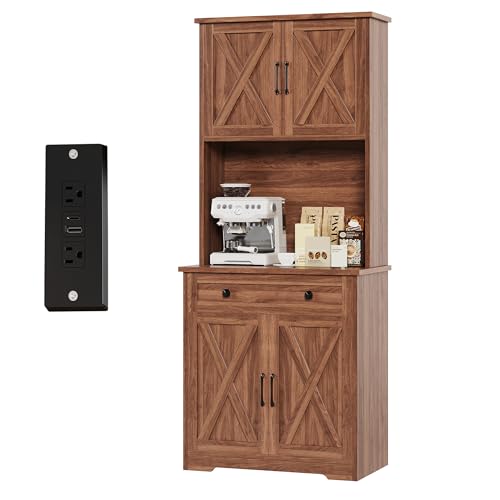 GarveeLife 71" Pantry Cabinet with Charging Station, Tall Kitchen Pantry Storage Cabinet with Microwave Stand, Large Farmhouse Kitchen Hutch with Cabinet Doors & Drawer for Living Room, Dining Room - color: Brown