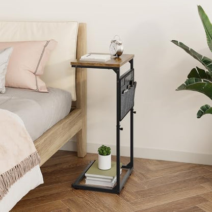 Vagusicc C Shaped End Table, Small Side Table for Couch, Adjustable Height Sofa Table with Metal Frame for Living Room, 33'' Tall Side Table for Couch, Bedroom, Bedside, Rustic Brown and Black - color: Rustic Brown