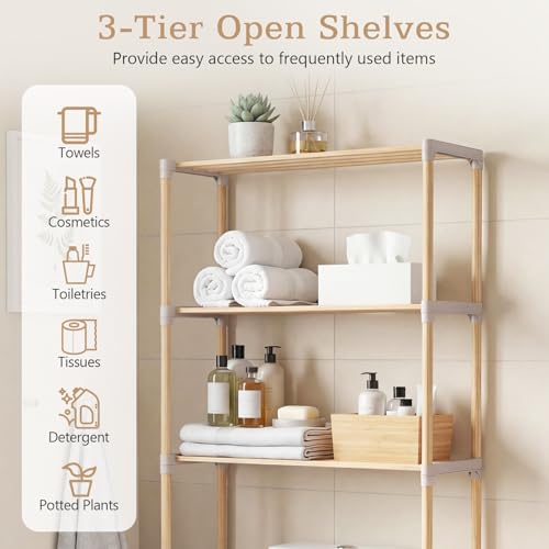 COSTWAY 3-Tier Over The Toilet Rack, Solid Wood Vertical Organizer with Slatted Shelves, Freestanding Space-Saving Toilet Storage Rack for Bathroom, Laundry Room