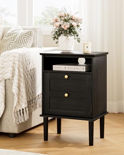 Nightstand, Boho Night Stand with 1 Drawers, Modern Side Accent Table with Open Shelf, Wooden Top Bedside End Table for Bedroom, Living Room, Black - color: Black