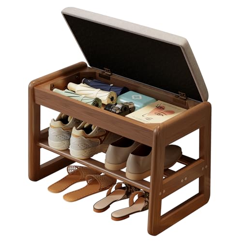 AQIMUELE Shoe Rack Bench,2 Tiers Shoe Bench with Storage with Flip-Top,Wood Shoe Rack for Entryway,Hallway（Walnut Upholstered Seat,11.8" D x 23.62" W x 15.7" H） - color: Walnut Upholstered Seat, size: 11.8"D x 23.62"W x 15.7"H