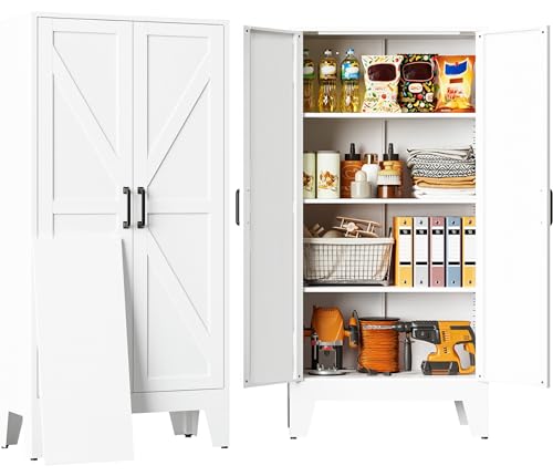 SISESOL Metal Storage Cabinet with 2 Doors and 3 Shelves,White Pantry Storage Cabinet with Legs,Farmhouse Pantry Cabinets Cupboard,Bathroom Cabinets for Home,Kitchen,Dining/Living Room (47.3" H) - color: White, size: 47.3"H