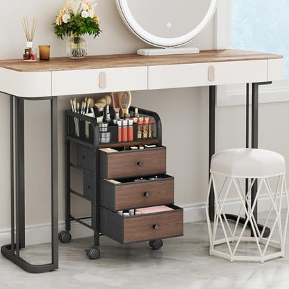 SWTYMIKI Rolling Makeup Organizer Cart - Under Desk Vanity Makeup Storage with 3 Non-woven Drawers, Nail Cart Organizer Cosmetic Display Cases Cabinet for Skin Care Perfume Nail Polish Brush Hair Tool