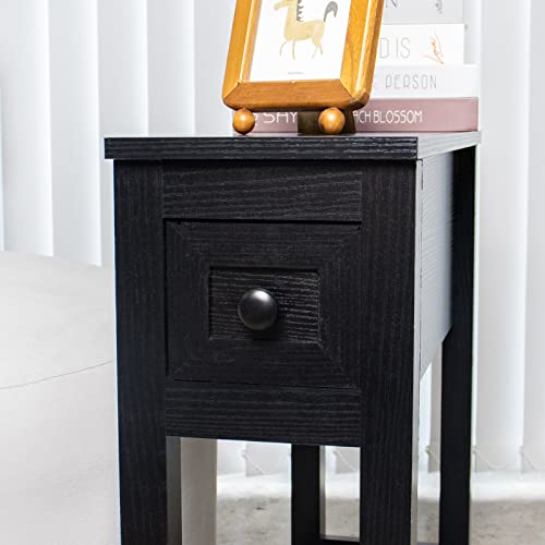 Narrow End Table, Black Couch Table with Drawer, Slim Bed Side Table for Small Space/Night Stand Set of 2, Side Table for Couch - size: 2 set black