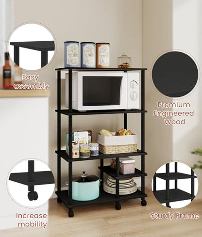 4-Tier Microwave Cart with Storage, Rolling Kitchen Cart with Wood Top, Coffee Table Standing Baker's Racks for Kitchens, Living Room, Balcony, Black - color: Black
