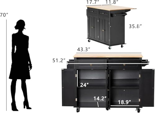 Kitchen Island with Drop Leaf, Rolling Mobile Kitchen Island on Wheels with Drawer and Storage Cabinet, Spice Rack, Towel Bar, Black - size: 51.2" W, style: Black