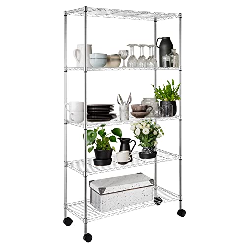 5-Tier Shelf, Adjustable Wire Metal Rack Shelving, Heavy Duty Standing Storage Shelves, Garage, Kitchen, Office, Bathroom, Shelfs Easy Assembly, 35" W x 14" D x 65" H Wheels, Chrome - color: Chrome, size: 5-tier 35.43"W x 13.78"D x 65"H Wheels