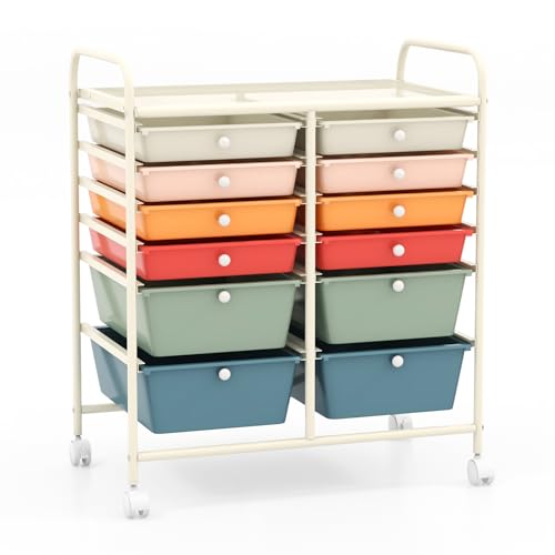 DREAMADE Rolling Cart with Storage Drawers, Utility Cart with Removable Plastic Drawers, Lockable Wheels, Art Cart for Classroom Organization Art Supplies Office Scrapbook (12 Drawers, Macaron) - color: Macaron, style: 12 Drawers