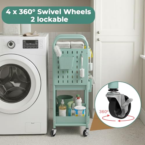 danpinera Rolling Cart, Movable Utility Organizer with Retractable Dividers & Pegboards for Kitchen, Bathroom, Office - color: Green