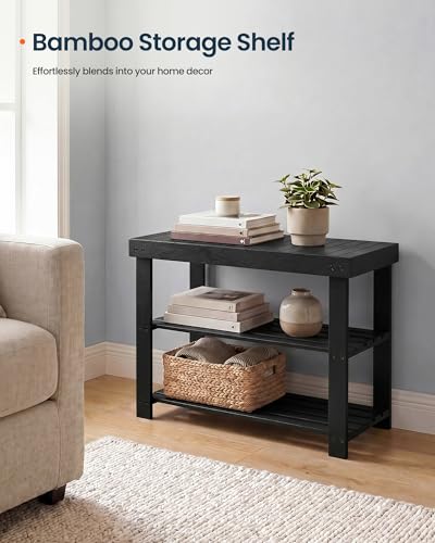 SONGMICS HOME 3-Tier Bamboo Shoe Bench, Shoe Rack, for Entryway Bathroom Bedroom, 11.5 x 27.8 x 18 Inches, Black - color: Black