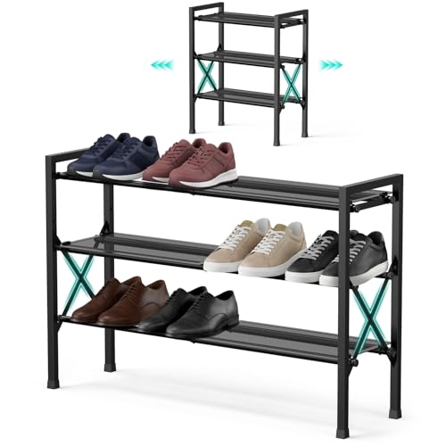 YEASHEIN 3-Tier Expandable Shoe Rack Organizer with Wire Mesh Shelves, Sturdy Metal Shoe Shelf with 4-Tier Storage, adjustable Shoe Stand, Free Standing Shoe Rack for Closet, Entryway, Garage - Black - size: 3 Tier