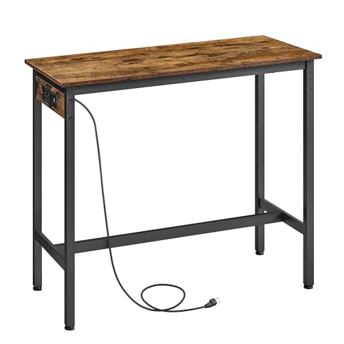 VASAGLE Bar Table, Narrow Long Kitchen Dining Table with Charging Station, Sturdy Metal Frame, Industrial, 15.7 x 39.4 x 35.4 Inches, Rustic Brown and Ink Black ULBT101K01 - color: Rustic Brown + Ink Black, size: 39.4"W, style: Industrial