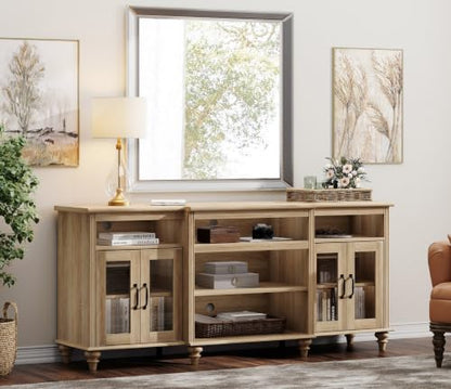 WAMAPT Buffet Cabinet with 4 Glass Doors, Large Coffee Bar Tables Wood Kitchen Storage Cabinets with 9 Storages, Modern Farmhouse Sideboard Credenza, Oak, 70 inch - color: Oak