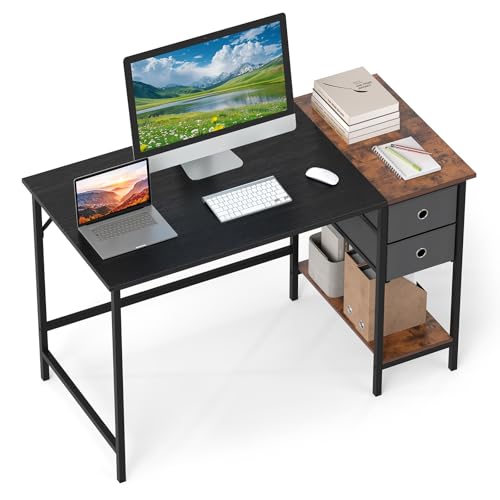 Giantex 48" Computer Desk with 2 Fabric Drawers, Industrial Home Office Desk with Open Storage Shelf, 2-Toned Finish & Metal Frame, Gaming Study Writing Table for Small Space, Bedroom, Black - color: Rustic Brown + Black + Gray