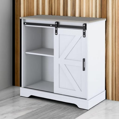 Panana Sliding Barn Door Buffet Sideboard Storage Cabinet Coffee Bar Kitchen Farmhouse Style (White Cabinet Nature Top) - color: White Cabinet Nature Top
