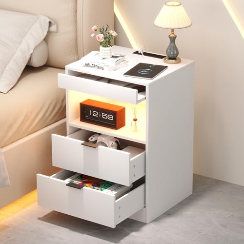 Yusong Night Stand, Bedside Table, LED Nightstand with Charging Station, Modern Night Stand, Wood Sofa Couch End Side Table with 2 Pull-Out Shelf (White 001) - color: White 001