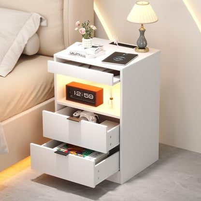Yusong Night Stand, Bedside Table, LED Nightstand with Charging Station, Modern Night Stand, Wood Sofa Couch End Side Table with 2 Pull-Out Shelf (White 001) - color: White 001