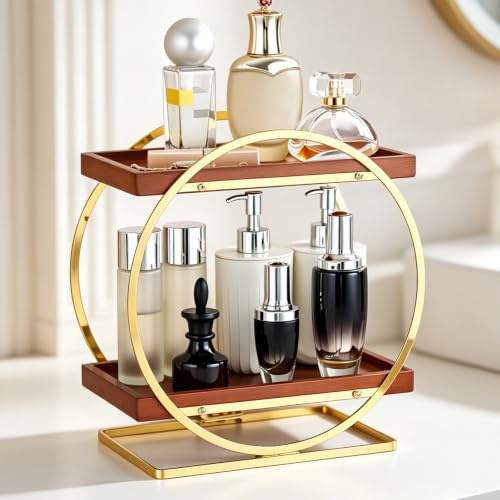 2-Tier Bathroom Counter Organizer, Wood Bathroom Organizer for Vanity Makeup Skincare Cologne Storage, Bamboo Perfume Organizer for Dresser, Countertop Shelf for Bathroom Kitchen, Gold & Brown - color: Gold and Wood