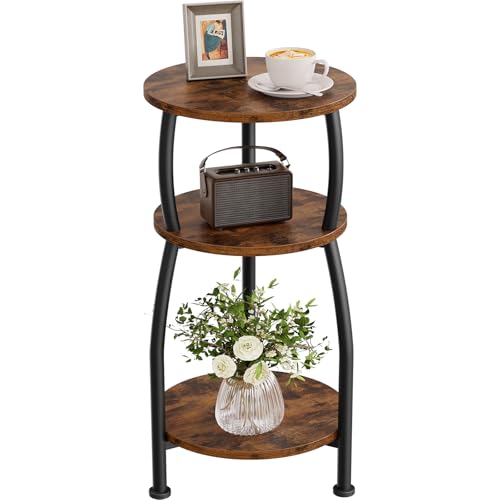 Small Round Side Table, 3-Tier Slim End Table for Small Spaces | 11.8in Compact Nightstand Accent Table Fits Coffee, Books or Home Decor Plants, for Living Room, Bedroom, Patio, Rustic Brown - color: Rustic Brown, size: 11.8''Dia