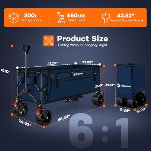 Originsure 300L Collapsible Beach Wagon Cart with Big Wheels, 560lbs, Blue | 48" Foldable Utility Wagon,7" All-Terrain Wheels,Heavy Duty Frame,Compact&Space-Saving,for Camping,Sports,Grocery,Garden - color: B-blue