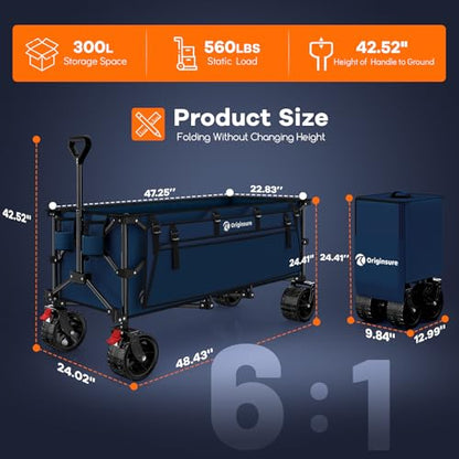Originsure 300L Collapsible Beach Wagon Cart with Big Wheels, 560lbs, Blue | 48" Foldable Utility Wagon,7" All-Terrain Wheels,Heavy Duty Frame,Compact&Space-Saving,for Camping,Sports,Grocery,Garden - color: B-blue