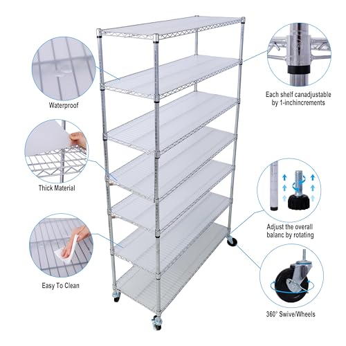 7-Tier Shelf, Adjustable Wire Metal Rack Shelving, Heavy Duty Standing Storage Shelves, Garage, Kitchen, Office, Bathroom, Shelfs Easy Assembly, 48" W x 18" D x 82" H Wheels, Chrome - color: Chrome, size: 7-tier 48"W x 18"D x 81.5"H Wheels