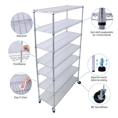 7-Tier Shelf, Adjustable Wire Metal Rack Shelving, Heavy Duty Standing Storage Shelves, Garage, Kitchen, Office, Bathroom, Shelfs Easy Assembly, 48" W x 18" D x 82" H Wheels, Chrome - color: Chrome, size: 7-tier 48"W x 18"D x 81.5"H Wheels