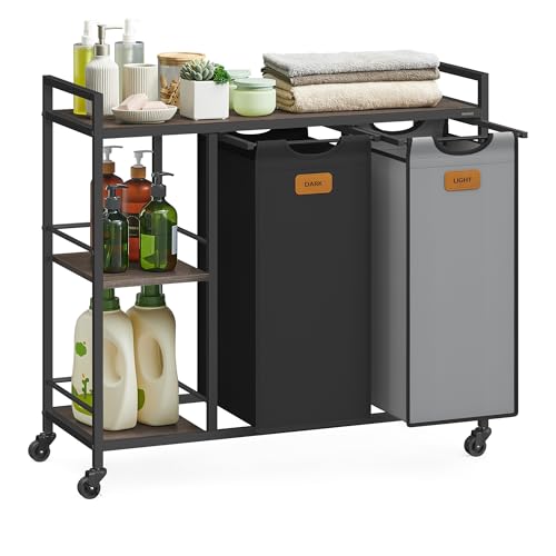 VASAGLE Laundry Hamper with 2 Compartments, 26.4 Gal. (100 L) Laundry Sorter, Rolling Laundry Cart with Shelves, Removable Liners, 6 Labels, Chestnut Brown, Ink Black and Dove Gray UBLH311B02