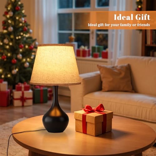 Seealle Touch Table Lamps for Bedroom Set of 2,3-Way Dimmable Small Bedside Lamps for Night Stands with Wires, Black Desk Lamps for Kids Room,Office,Living Room, End Table(LED Bulbs Included) - color: B. Beige Shade & Black Base Set 2