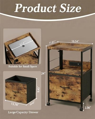 Faesun Swivel Lift Top Nightstand with Charging Station, Rolling Night Stand with Fabric Drawer, Adjustable Bedside Table for Bedroom, Living Room, Brown, Pro - color: 01 - Brown (Tray Top), size: 1 Drawer