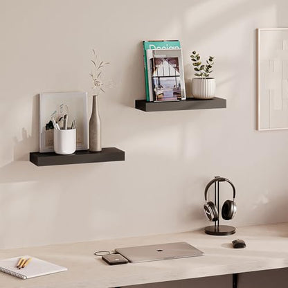 Ballucci Floating Shelves, 2-Pack 16" Wood Wall Shelf Set with Invisible Brackets for Bathroom, Living Room, Bedroom, Kitchen, Nursery, 6" Deep, Black - color: Black, size: 15.8 in (1.5)