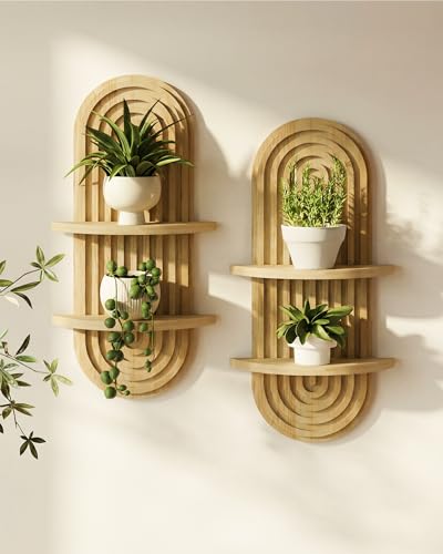 Bamworld Boho Wall Decor Plant Wall Shelf Wood Plant Holder Natural 2PCS | Mid Century Modern Decor Hanging Plant Shelf Wooden Floating Shelves for Home Bedroom Living Room Holding Planter Decoration - color: Natural, size: 16.7''-2 Pcs