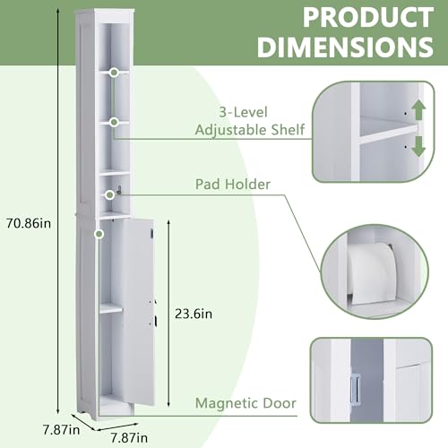 VECELO Narrow Bathroom Storage Cabinet with 3 Adjustable Shelves, 71" Tall Freestanding Cabinet with Toilet Paper Holder, Slim Tower Cabinet with Magnetic Door, for Small Spaces, White - color: Shelf Top