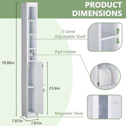 VECELO Narrow Bathroom Storage Cabinet with 3 Adjustable Shelves, 71" Tall Freestanding Cabinet with Toilet Paper Holder, Slim Tower Cabinet with Magnetic Door, for Small Spaces, White - color: Shelf Top