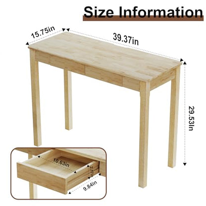 Solid Wooden Desk with Drawers - 39 x 16 Inch Rubberwood Narrow Desks, Simple Modern Study Table, Small Writing Desk for Bedroom|Small Spaces - Natural Boho Desks - color: Natural, size: 39.4 in W x 15.7 in D