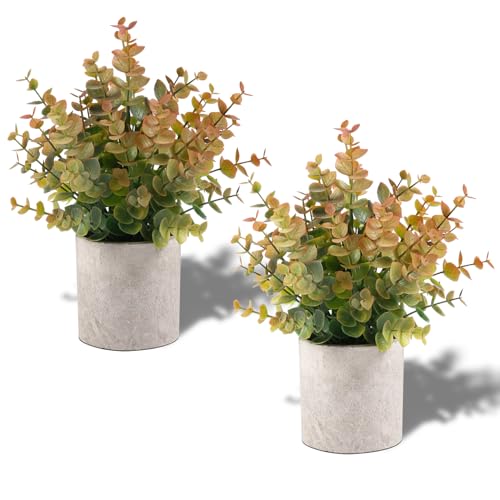 Coferset 2 Pack Small Fake Plants Eucalyptus Potted Artificial Plants for Shelf Desk Home Bathroom Farmhouse Room Coffee Table Decor Fall Decor (Yellow) - color: Yellow-small