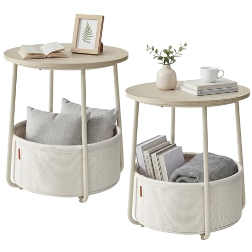 SONGMICS HOME Small Side Tables, Round End Tables, 2 Tier Nightstands with Basket, U Shaped Steel Legs, Easy Assembly, for Living Room, Bedroom, Set of 2, Beige and White - color: Beige + White, size: 2 pack