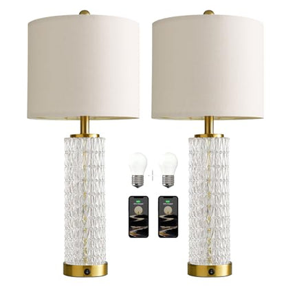 Oneach 27.75” Table Lamps Set of 2, Gold Modern Bedside Lamp with LED Night Light, USB A+C, Glass Lamps for Living Room, Bedroom, Nightstand, Office, End Table (2 Bulbs Included) - color: Gold - White Shade