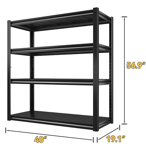 Raybee 40" W Garage Shelving, Storage Shelves 56.9" H, Metal Shelving Heavy Duty Load 1600LBS, Adjustable Metal Shelves for Storage Pantry Kitchen 40" W x 19.1" D x 56.9" H - size: 19.1"D x 40"W x 56.9"H,Black