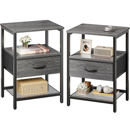 Huuger Nightstand Set of 2, Night Stand with Fabric Drawer, Mesh Shelf, Side Table with Storage, Fabric Drawer Dresser, Open Shelf, Metal Frame, Bedroom, Grey - color: Grey