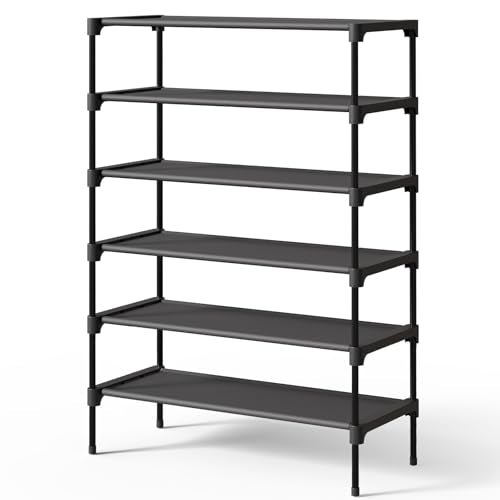 Kitsure Shoe Rack - Non-Woven Shoe Rack Shelf, 27.5" Wide - 6 Tier, Black | Shoe Organizer for Closet, Entryway, Garage, Stackable Shoe Shelves, college dorm&apartment essentials - color: Black, size: 27.5" Wide - 6 Tier