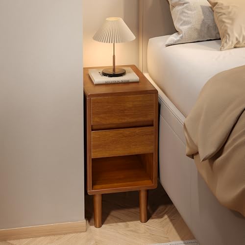 Narrow Nightstand 2 Drawers with Open Shelf Narrow Night Stand Solid Wood Bedside Table Mid Century Modern Nightstand Wooden End Table for Bedroom, Study, Office - color: Walnut-2d, size: 15.75''×11.8''×23.62''