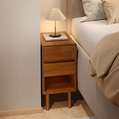 Narrow Nightstand 2 Drawers with Open Shelf Narrow Night Stand Solid Wood Bedside Table Mid Century Modern Nightstand Wooden End Table for Bedroom, Study, Office - color: Walnut-2d, size: 15.75''×11.8''×23.62''