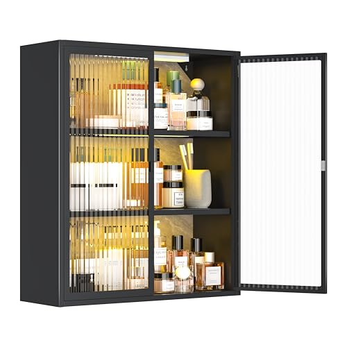 3-Tier Bathroom Wall Cabinet with 2 LED Light | Metal Medicine Cabinet with Glass Doors, Laundry Room Cabinets Storage, Black Over Toilet Modern Storage Cabinet for Bathroom - style: Full Glass Door Black